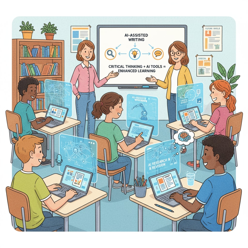 A classroom scene where students are using AI on their devices to complete writing assignments. Students using AI for writing assignments in K12 education