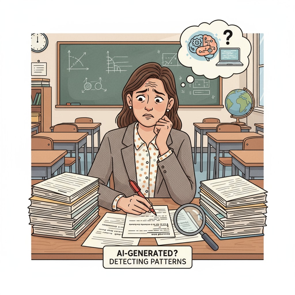 A teacher sitting at a desk, grading writing assignments with a concerned look on her face, as she suspects some of the work might be AI-generated. Teacher grading writing assignments and suspecting AI use in K12 education