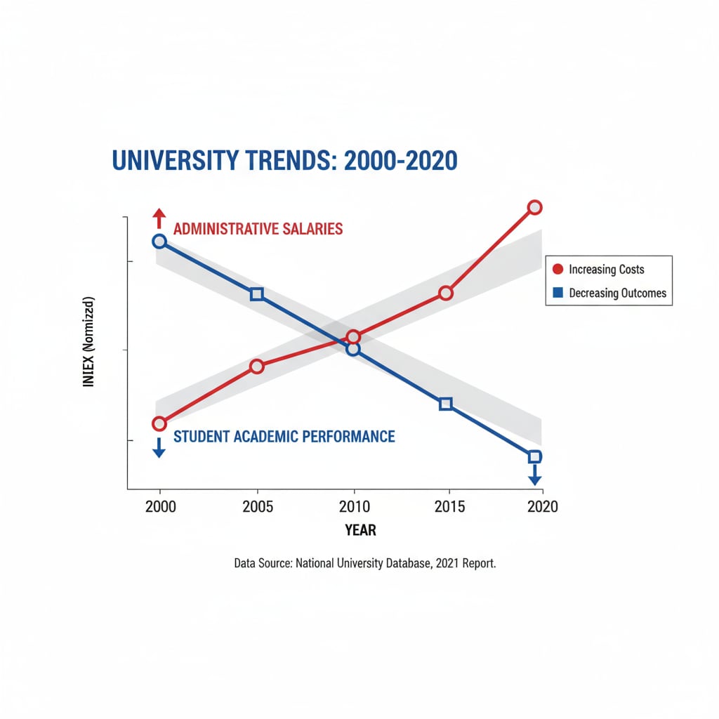 A graph visually depicting the contrasting trends of increasing administrative salaries and decreasing student performance over a period of time. A graph showing the relationship between administrative salaries and student performance