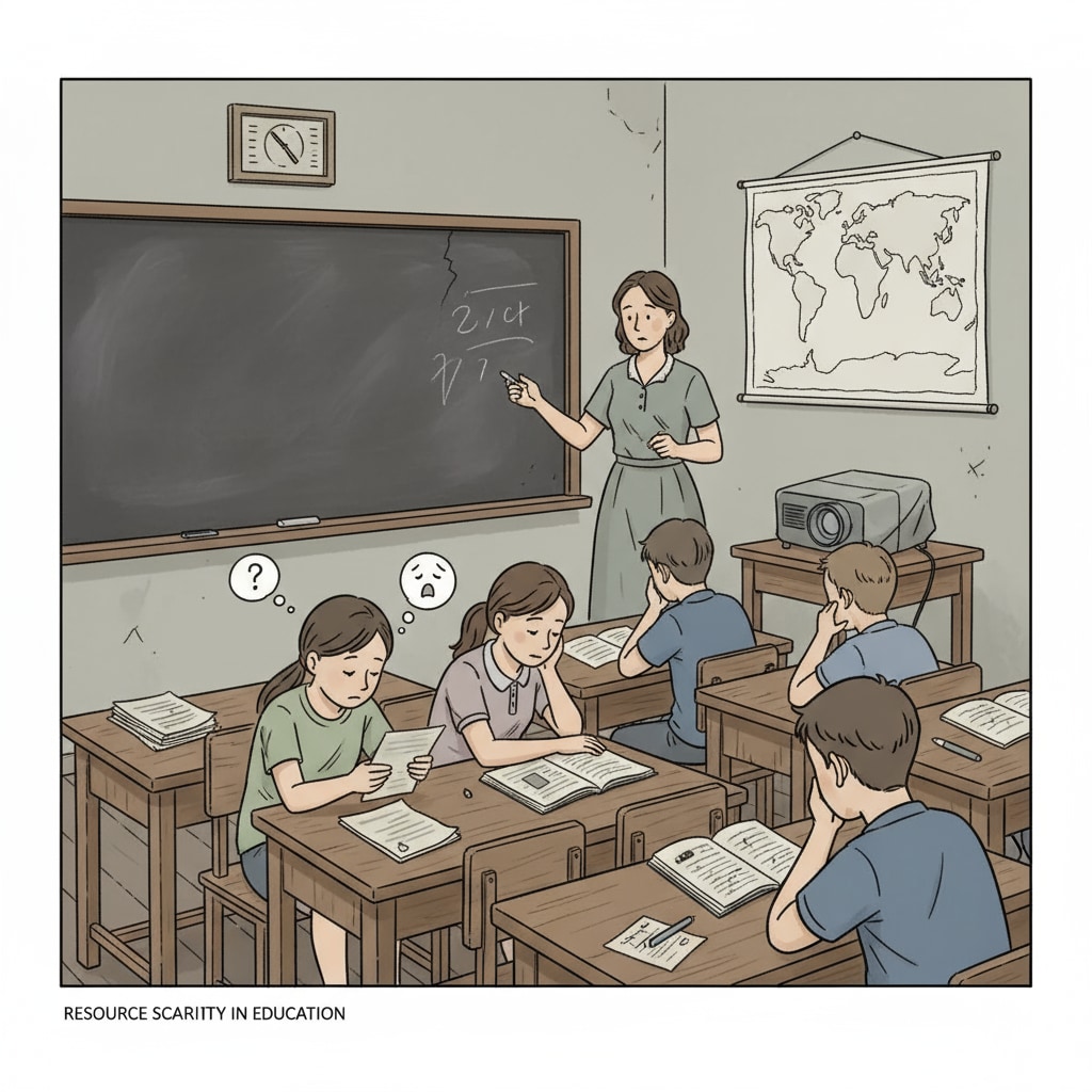 A classroom setting where students appear unmotivated and there is a scarcity of educational resources like textbooks and modern teaching aids. A classroom with discouraged students and lack of educational resources