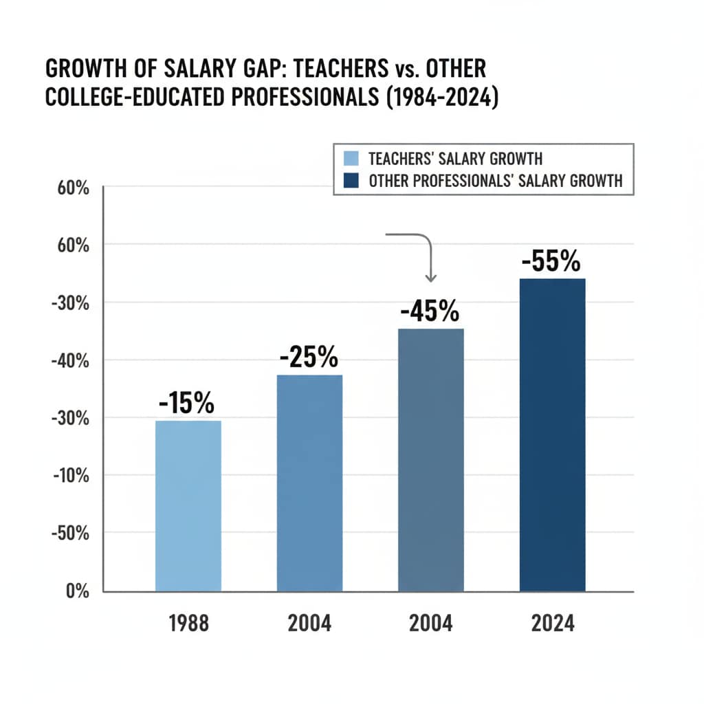 A bar graph presenting the growth of the salary gap between teachers and other college - educated professionals from 1984 to 2024. A bar graph showing the increasing salary gap between teachers and other college - educated professionals over the years related to teacher salaries, income gaps, and teacher shortages