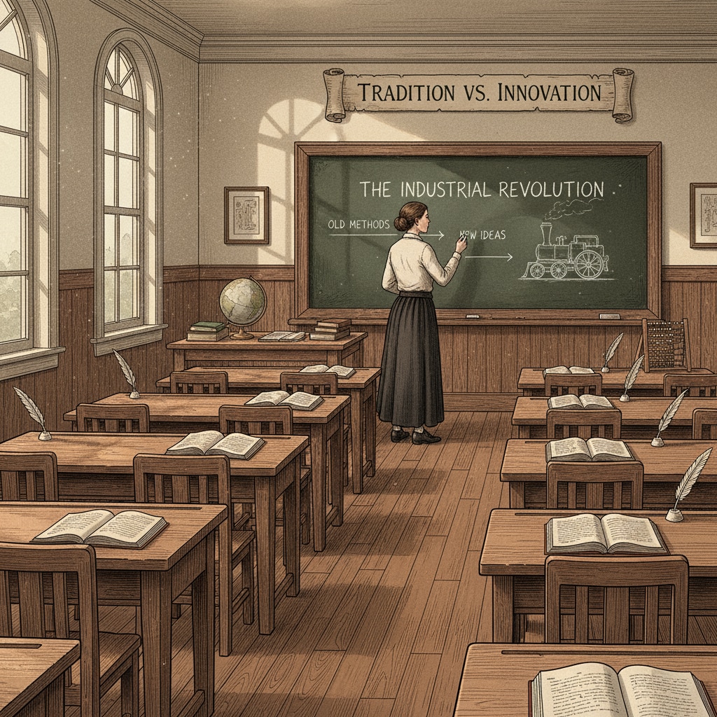 A traditional classroom setup with desks arranged in rows and a teacher standing in front, writing on a blackboard. This represents the old-fashioned teaching environment that is in contrast to the need for innovation. Traditional primary education classroom setup highlighting the need for education innovation, traditional teaching methods improvement, and curriculum reform