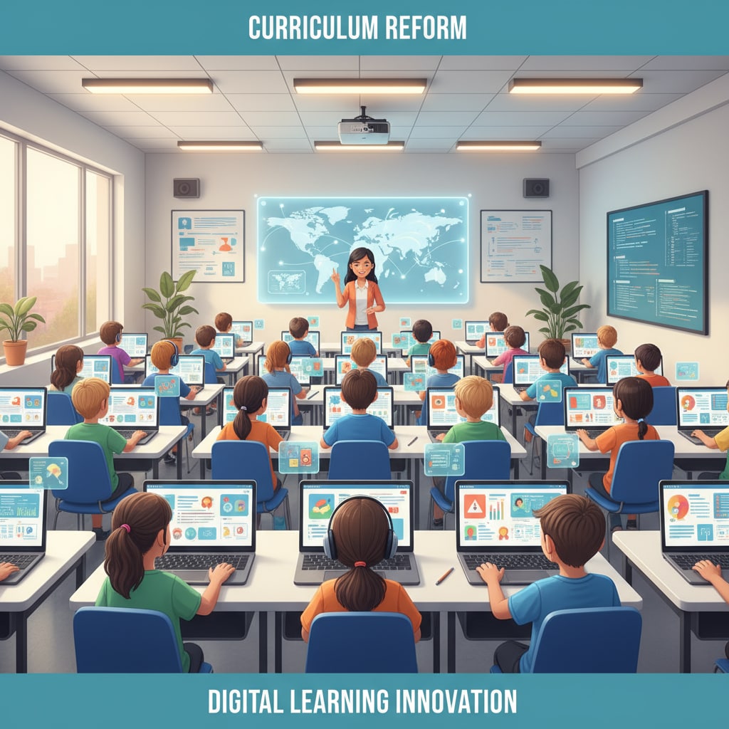 A modern classroom where students are sitting at desks with laptops open, engaged in digital learning activities. This showcases the kind of learning environment that could be achieved through curriculum reform and education innovation. Modern primary education classroom with students using laptops for learning, demonstrating the need for education innovation, changes in traditional teaching methods, and curriculum reform
