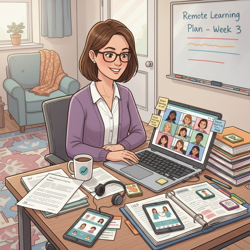 A special education teacher is shown working on a laptop, with papers and teaching materials scattered around, signifying the integration of remote work within their teaching life. A special education teacher engaged in remote part-time work