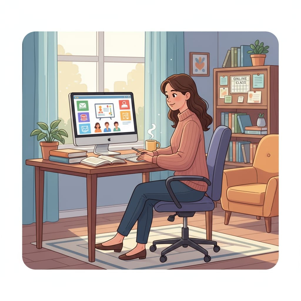 A teacher is sitting in a cozy home office, focused on the computer screen, indicating a comfortable and productive remote part-time work environment. A teacher enjoying the flexibility of remote part-time work
