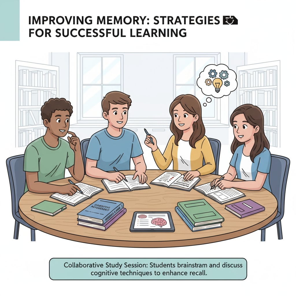 A group of students are sitting around a table, books open, concentrating on studying and discussing methods to improve their memory. Students working together to enhance memory, related to photographic memory, memory development, and memory enhancement