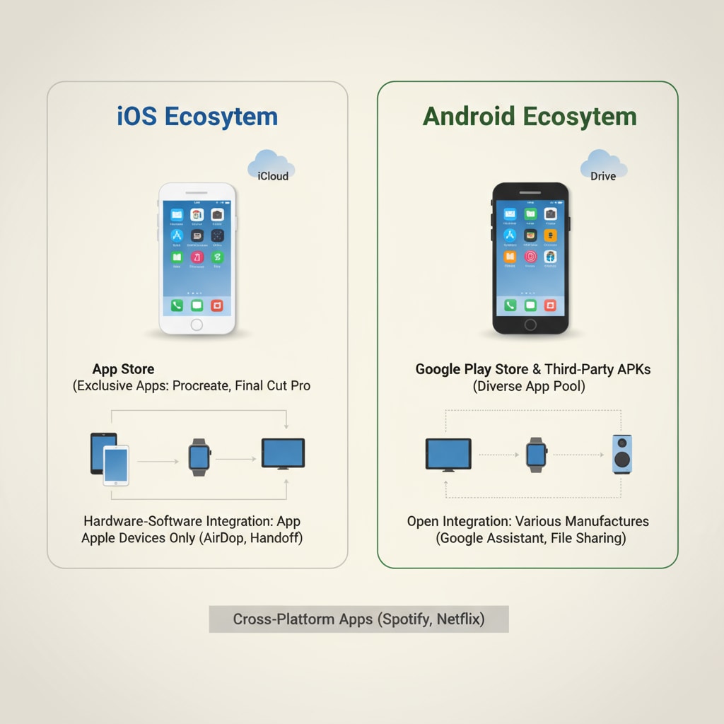 Illustration of iOS and Android software ecosystems for tablet selection related to learning and entertainment