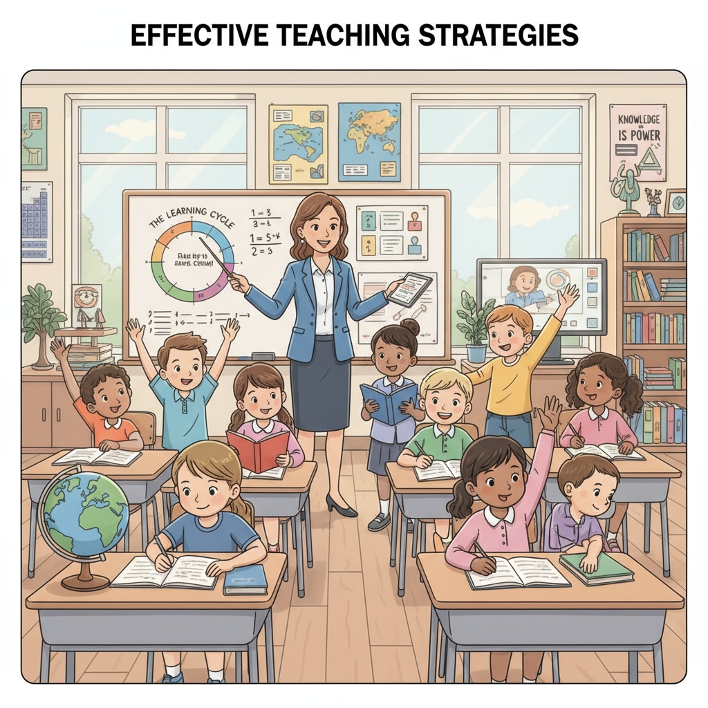 A classroom scene with a teacher teaching and students actively participating, representing the teaching effectiveness aspect. A classroom scene highlighting teacher effectiveness and the work environment in an educational setting.