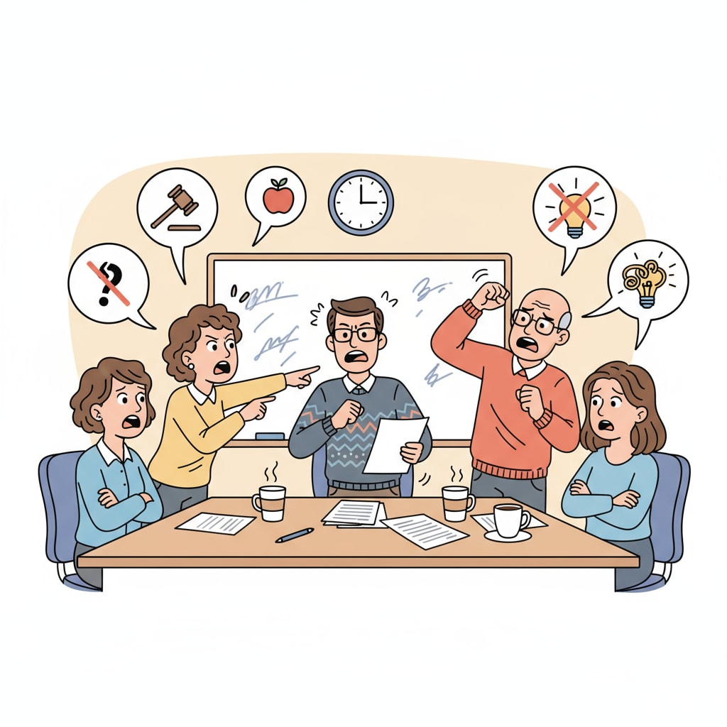A group of teachers engaged in a heated discussion during a faculty meeting, depicting teacher conflicts. Teachers in conflict during a faculty meeting, showing the challenges in the work environment.