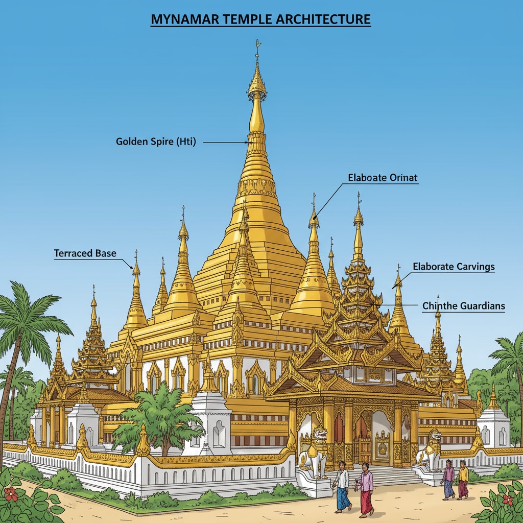 A traditional Myanmar temple with its characteristic golden spires and elaborate architecture, representing the country's rich cultural heritage. A traditional Myanmar temple showcasing the country's unique architecture related to its cultural heritage