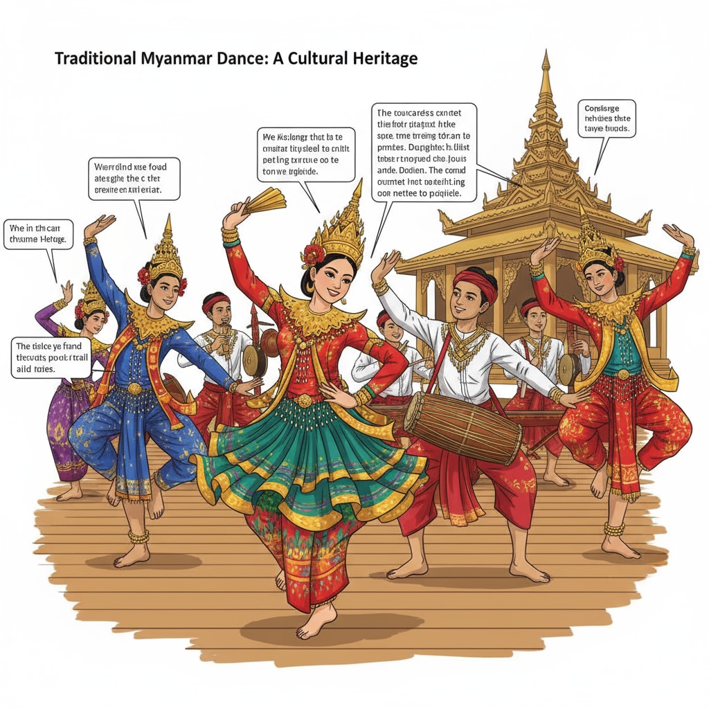 A group of Myanmar dancers in colorful traditional costumes performing a lively dance, which is an important part of the country's cultural heritage. A group of Myanmar dancers performing a traditional dance as part of the country's cultural heritage