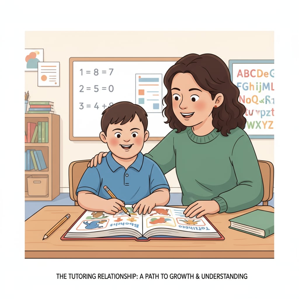 A child with special needs is engaged in a positive interaction with a tutor, highlighting the importance of the tutoring relationship. A child with special needs interacting with a tutor in the context of a tutoring app for special needs with user feedback considered.