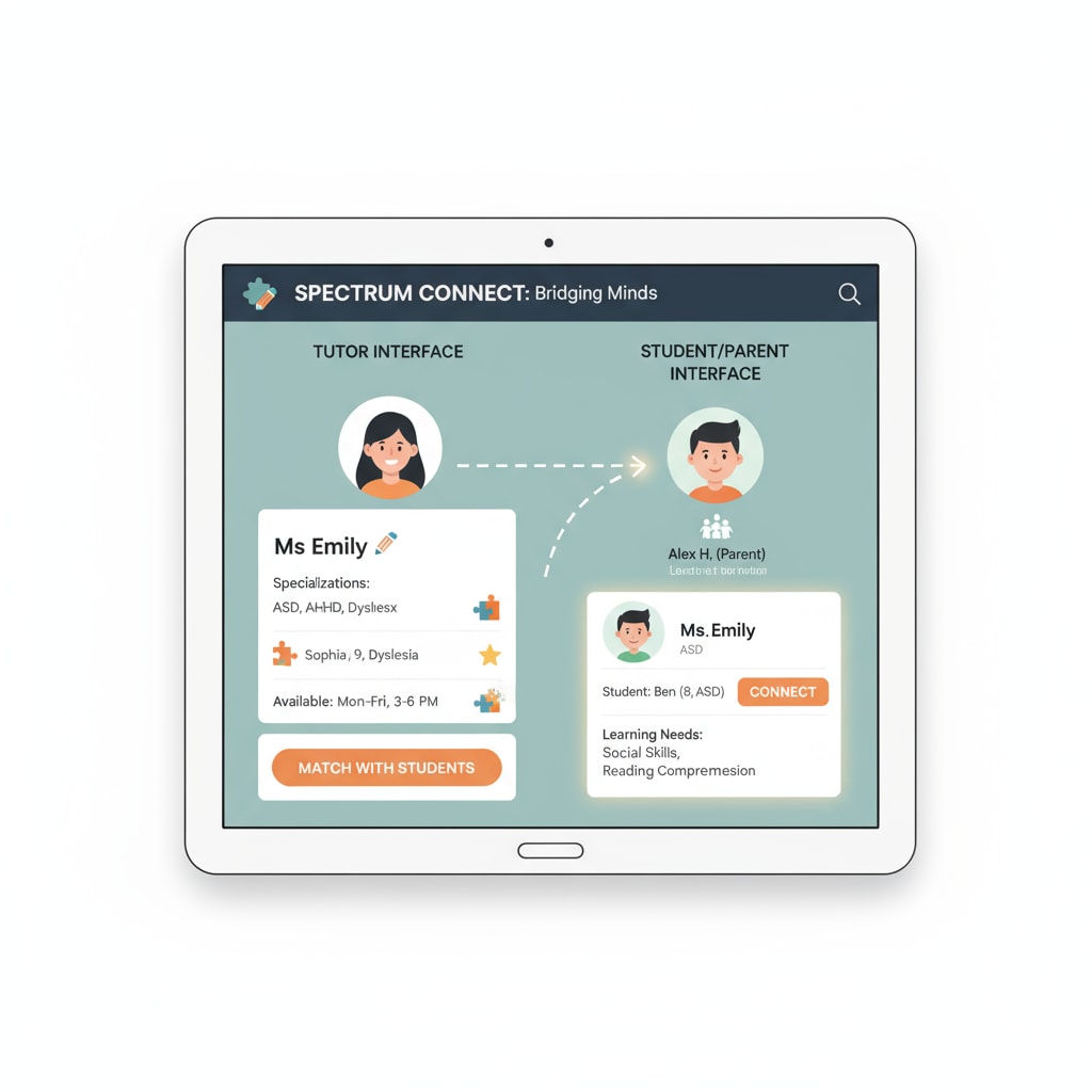 A screenshot of the matching interface of the special needs tutoring app, showing how it connects tutors and students. Screenshot of the matching interface of the special needs tutoring app emphasizing user feedback for better matching.