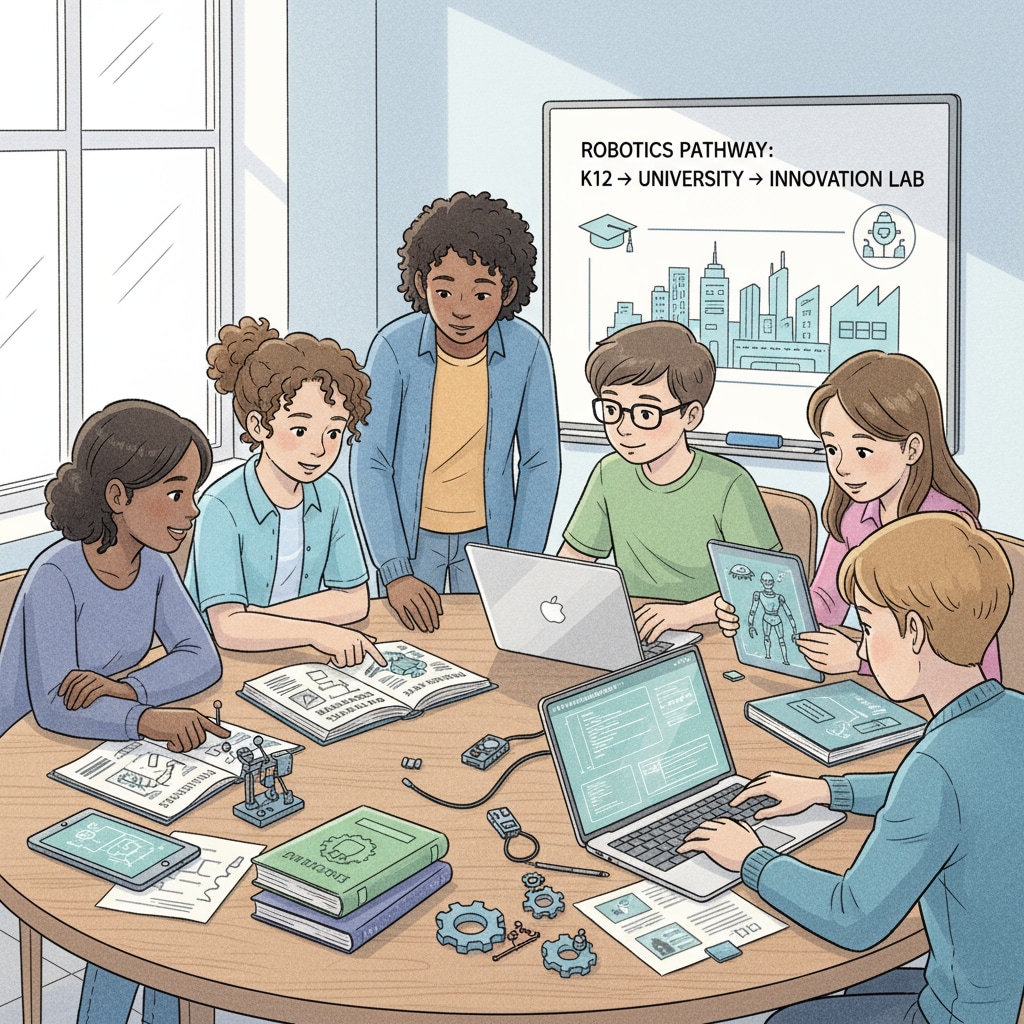 A group of K12 students are sitting around a table, discussing their plans for future robotics education. Some are looking at books about robotics, and others are using laptops to research. K12 students discussing their plans for future robotics education related to study abroad and education planning