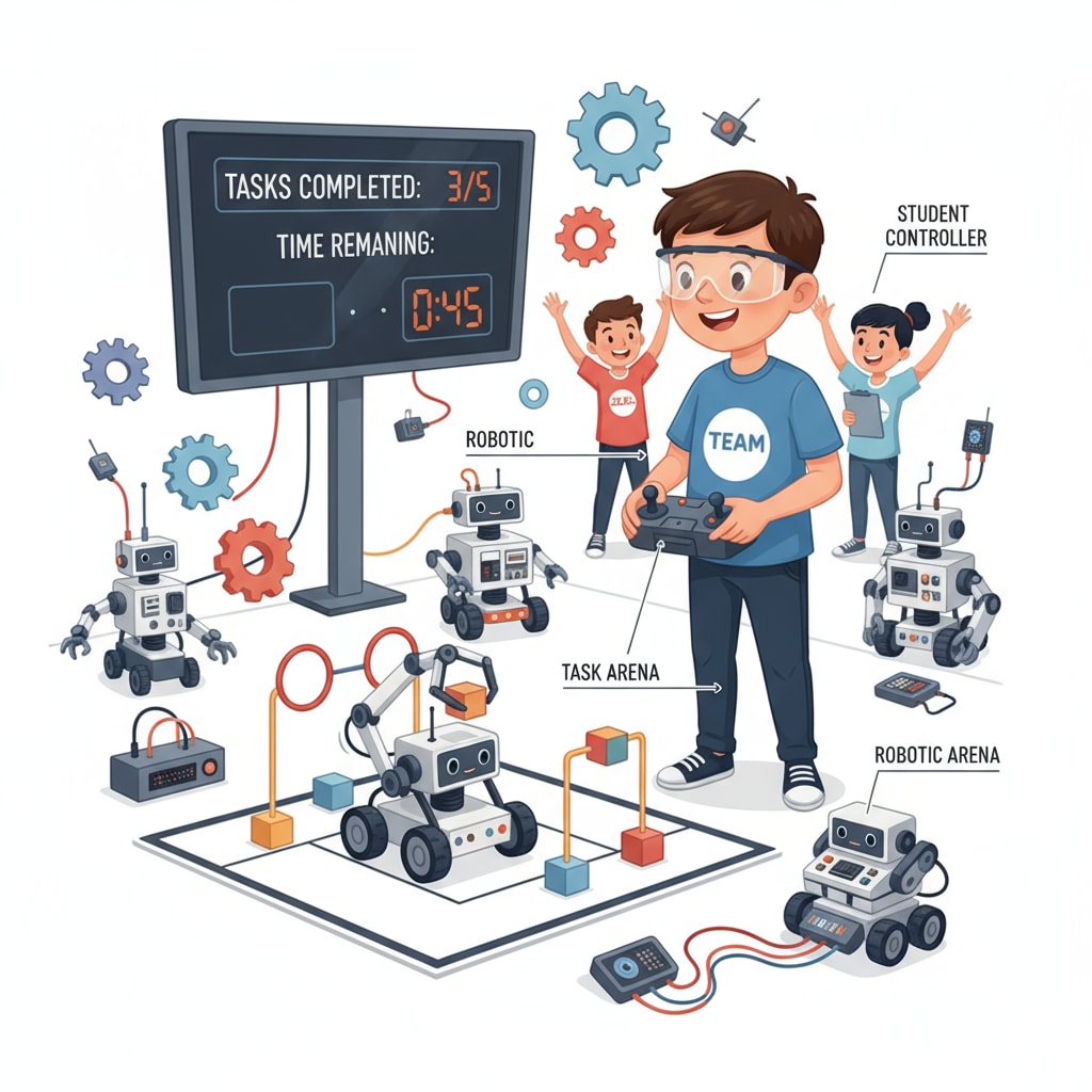 A K12 student is actively participating in a robotics competition. The student is controlling a small robot to complete various tasks, showing enthusiasm and skills. K12 student participating in a robotics competition as part of robotics education and study abroad preparation