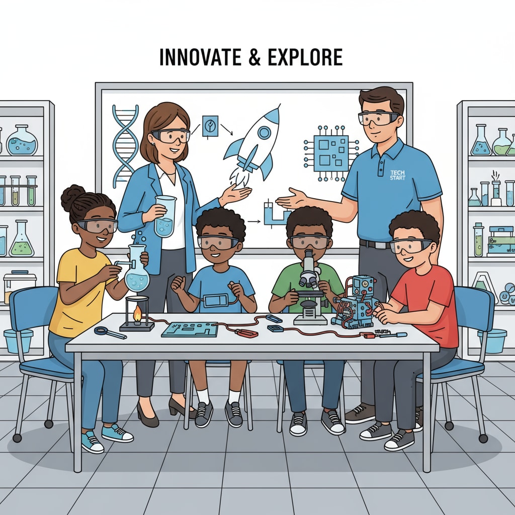 A group of students in a STEM classroom, engaged in hands-on experiments with the guidance of a teacher and a corporate mentor. Students in a STEM classroom with teacher and corporate mentor for career readiness