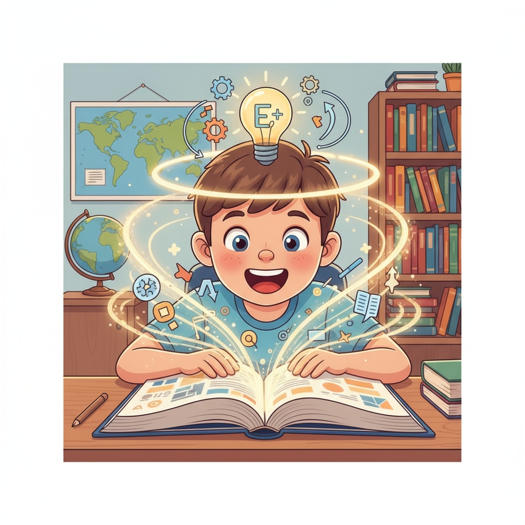 A student sitting at a desk, looking excited while reading a book, representing the discovery of enhanced learning ability A student showing excitement about learning, related to learning ability, intelligence improvement, and educational path