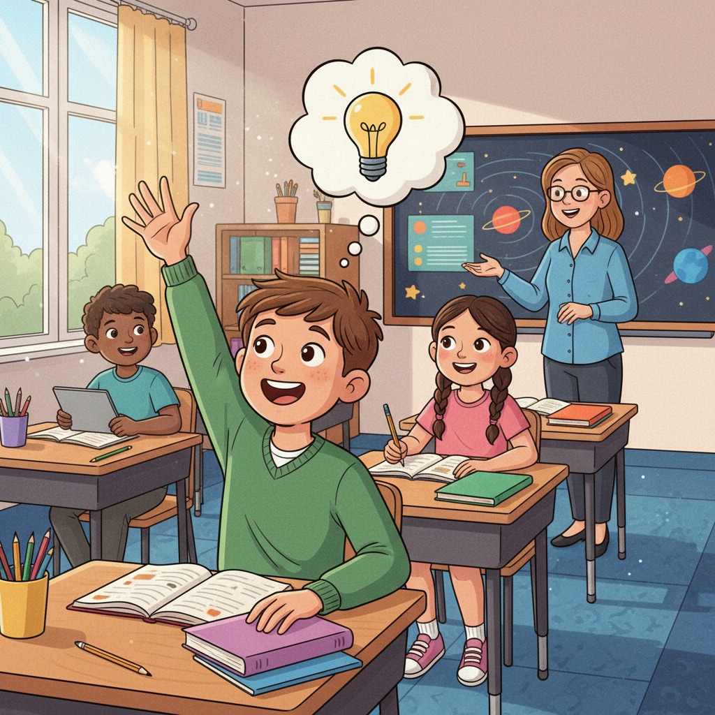 A group of students in a classroom, with one student raising their hand eagerly, symbolizing newfound enthusiasm for learning A classroom scene with a student eager to learn, associated with learning ability, intelligence improvement, and educational path