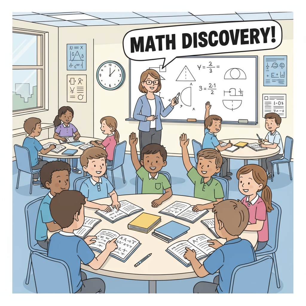 A classroom scene where students are actively engaged in discussing math problems, with some students raising their hands to share their thoughts. Fourth graders discussing negative number math problems in the classroom