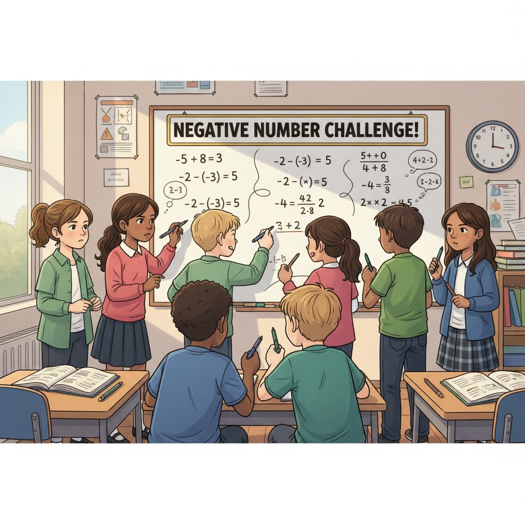 Students are gathered around a whiteboard, working on negative number problems with pens in their hands, showing concentration on their faces. Fourth graders working on negative number problems on a whiteboard