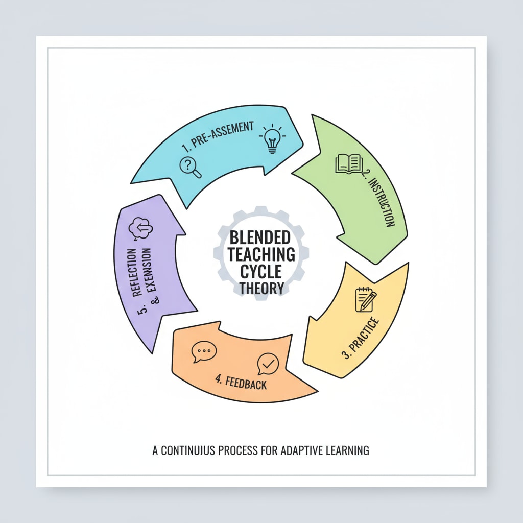 A visual representation of the five - step cycle process of the Blended Teaching Cycle Theory, including pre - assessment, instruction, practice, feedback, and reflection and extension. The steps of the Blended Teaching Cycle Theory educational model