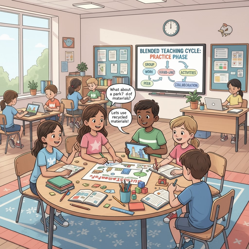 A classroom scene where students are working together on a group project, which is part of the practice phase in the Blended Teaching Cycle Theory. Students engaged in group work in the Blended Teaching Cycle Theory educational model