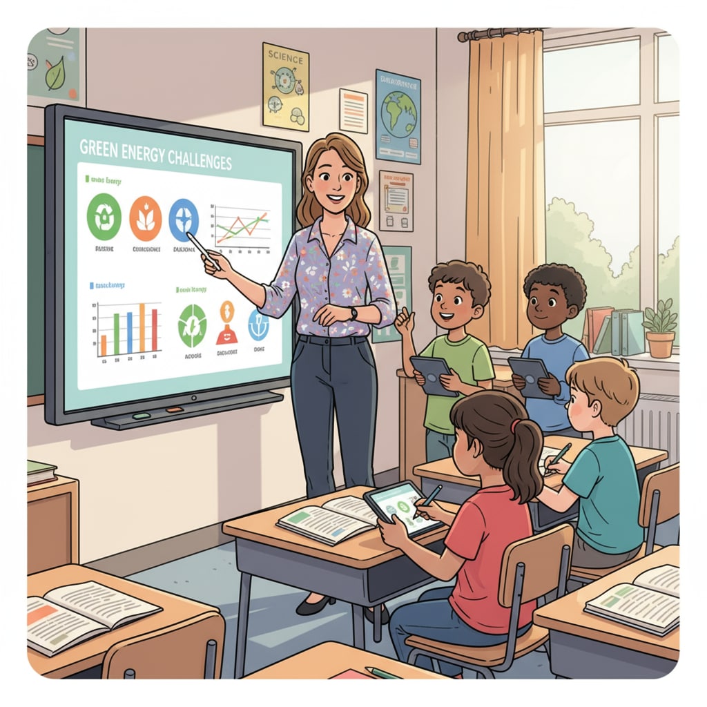 An interactive whiteboard is being used in a classroom. The teacher is standing next to it, and students are gathered around, actively participating in an activity. Interactive whiteboard enhancing classroom learning and student engagement