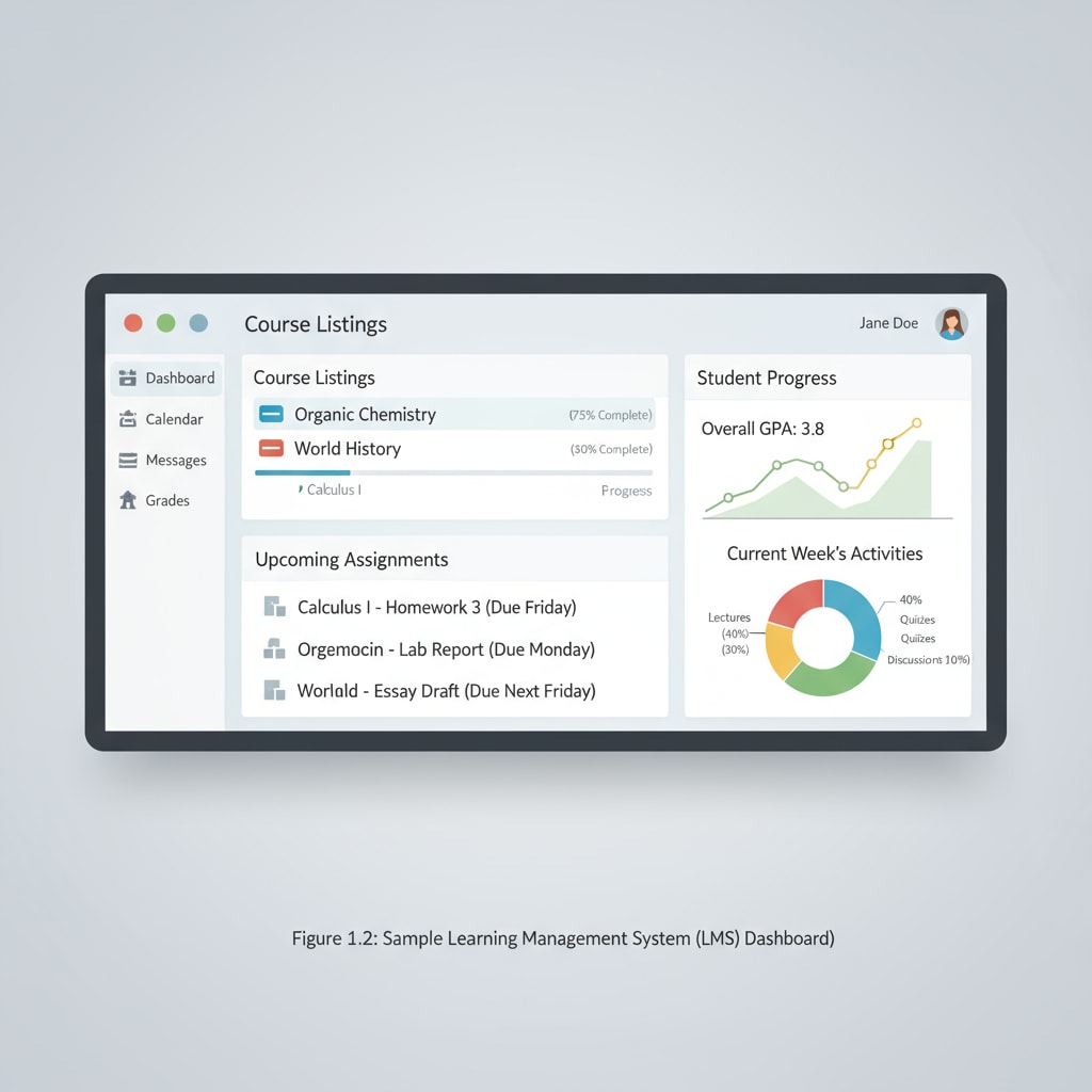 A screenshot of a well - known Learning Management System dashboard, showing course listings, assignment details, and student progress indicators. Learning Management System dashboard for classroom learning and student engagement