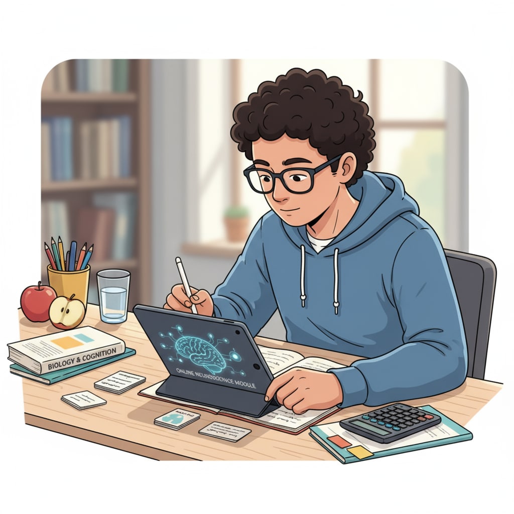A student sitting at a desk, focused on an online learning session with various study materials around. A student focused on online learning, related to productivity in virtual classes.