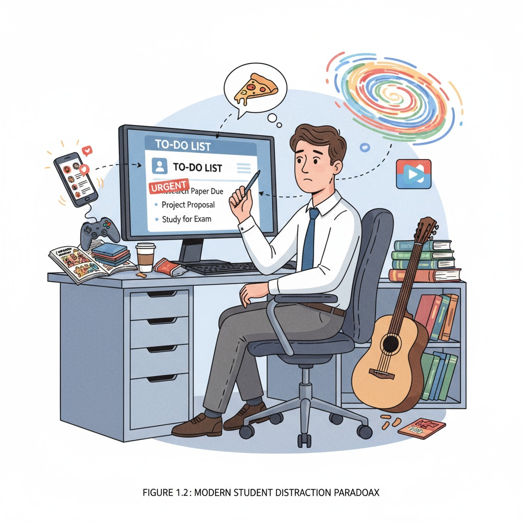 A student looking at a computer screen with a to-do list open, but being distracted by other things. A student being distracted while doing online learning, related to procrastination.