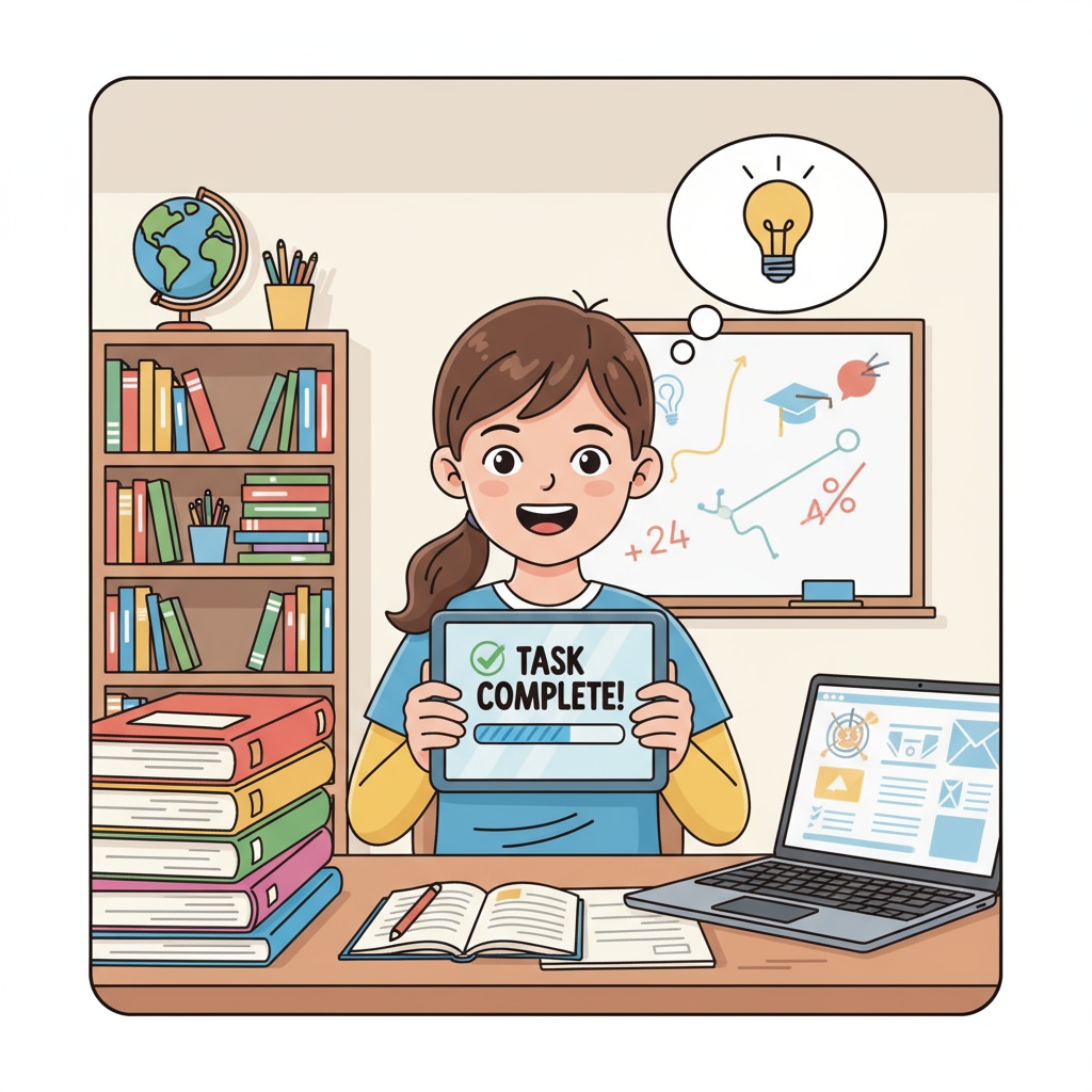 A student smiling while successfully completing an online learning task. A student achieving success in online learning, related to improved productivity and mental well-being.