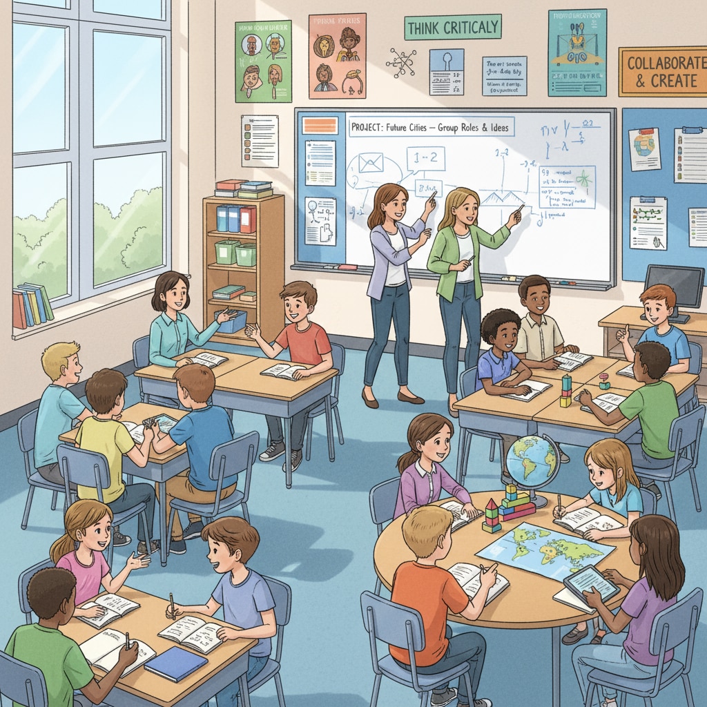 A classroom scene in the US with students actively discussing in groups, reflecting the American teaching philosophy of nurturing independence. Classroom scene in the US showing students' active discussion related to education systems, cultural differences, and learning pressures