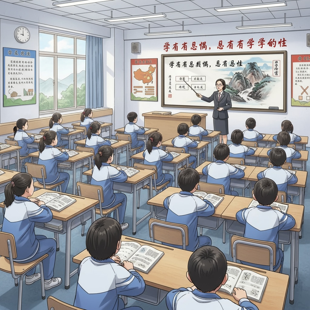 A Chinese classroom with students attentively listening to the teacher, demonstrating the Chinese teaching approach emphasizing discipline. Chinese classroom scene with students listening intently, related to education systems, cultural differences, and learning pressures