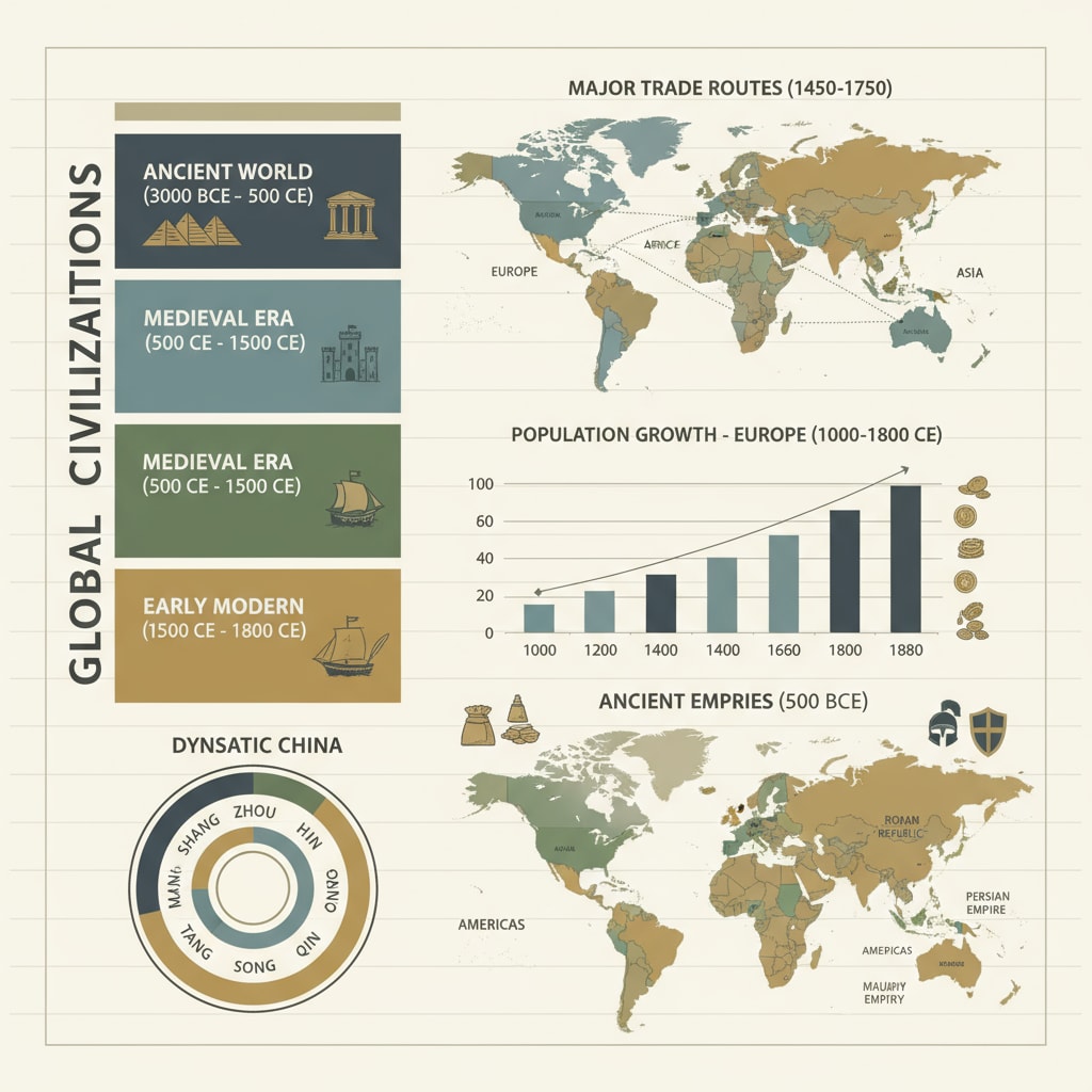 A display of different historical charts, including timelines and maps, representing various historical periods. Historical chart resources for K12 history teaching found in Facebook ads