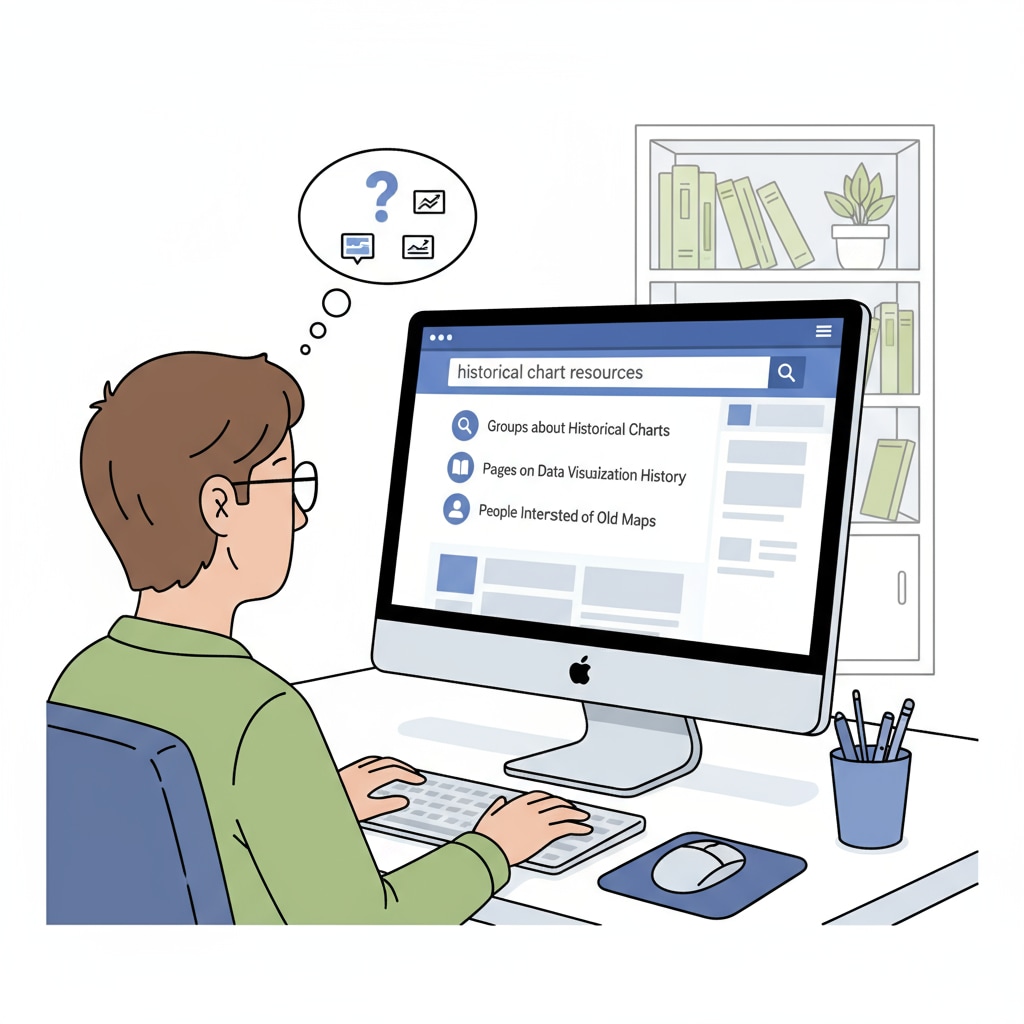 A person sitting in front of a computer, using the Facebook search bar to look for historical chart resources. Searching for historical chart resources on Facebook