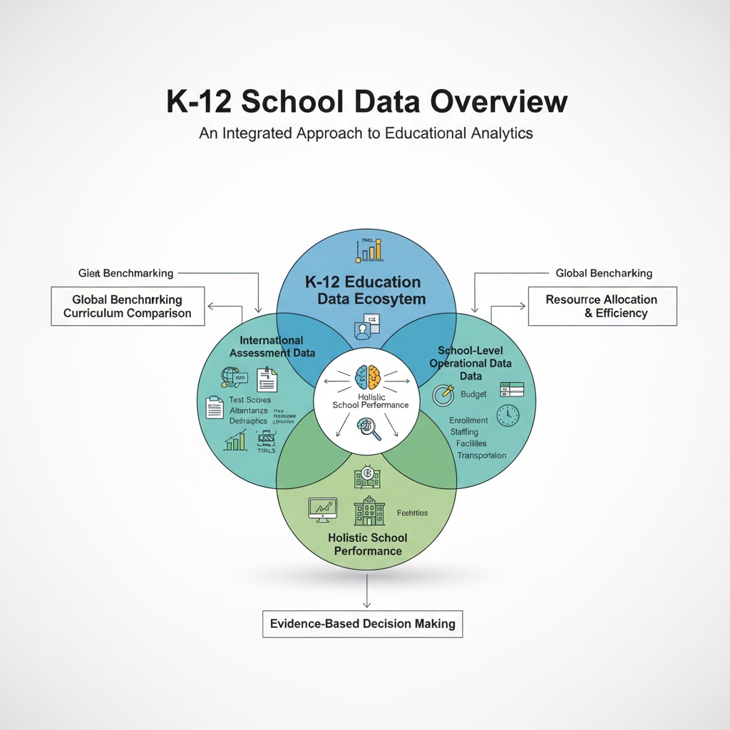 A graph showing different types of education data in a K12 school, including international assessment data, student - level data, and school - level operational data. Graphical representation of school statistics, PISA, and education data in K12 schools