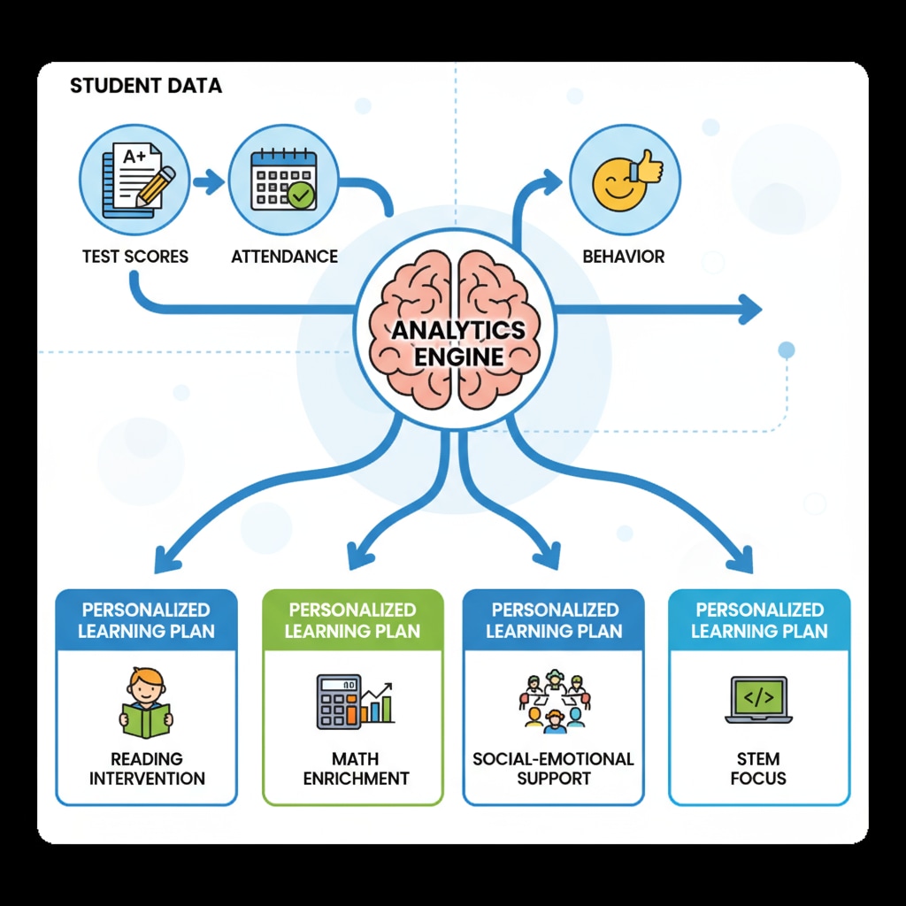 An illustration depicting how student - level data such as test scores, attendance, and behavior are used to create personalized learning plans for students in a K12 school. Illustration of using student - level data for personalized education in the context of school statistics, PISA, and education data
