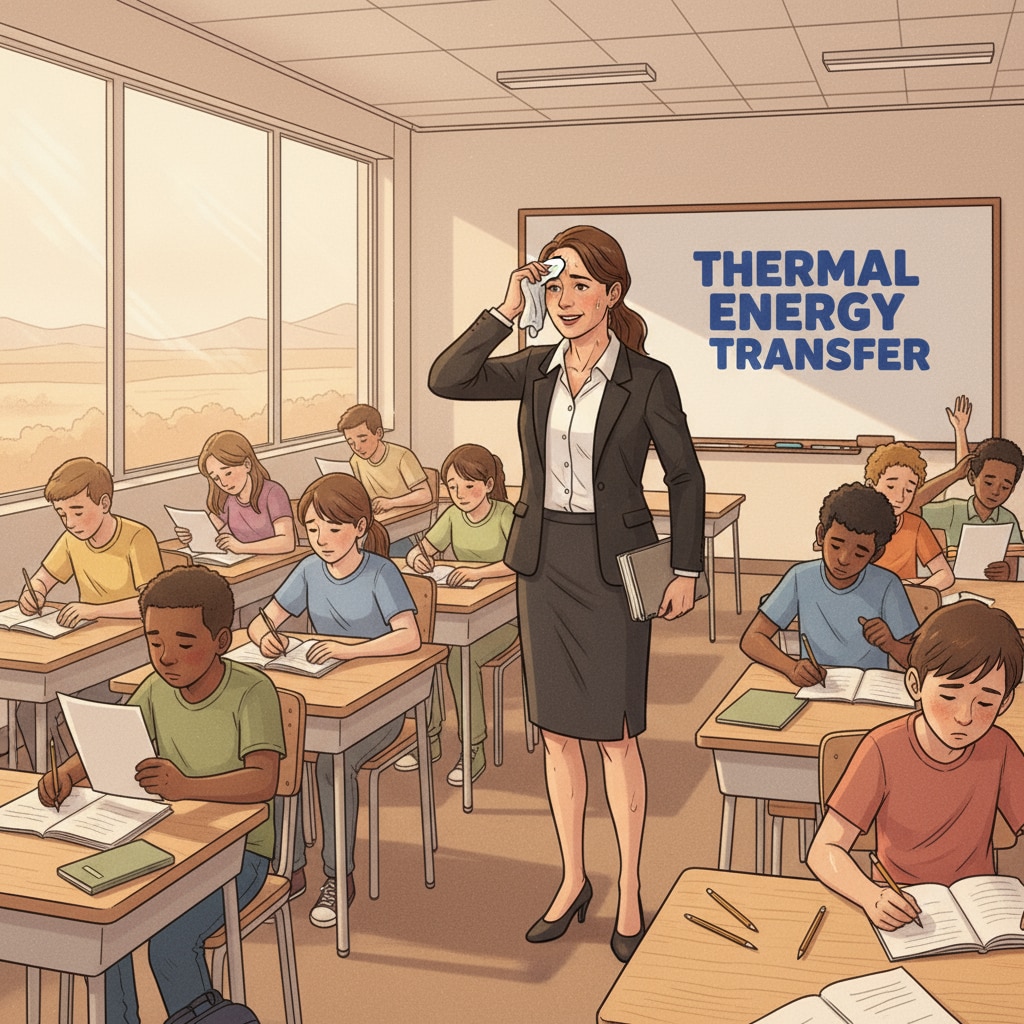 A teacher in a hot, air - conditioner - free classroom showing discomfort in professional attire