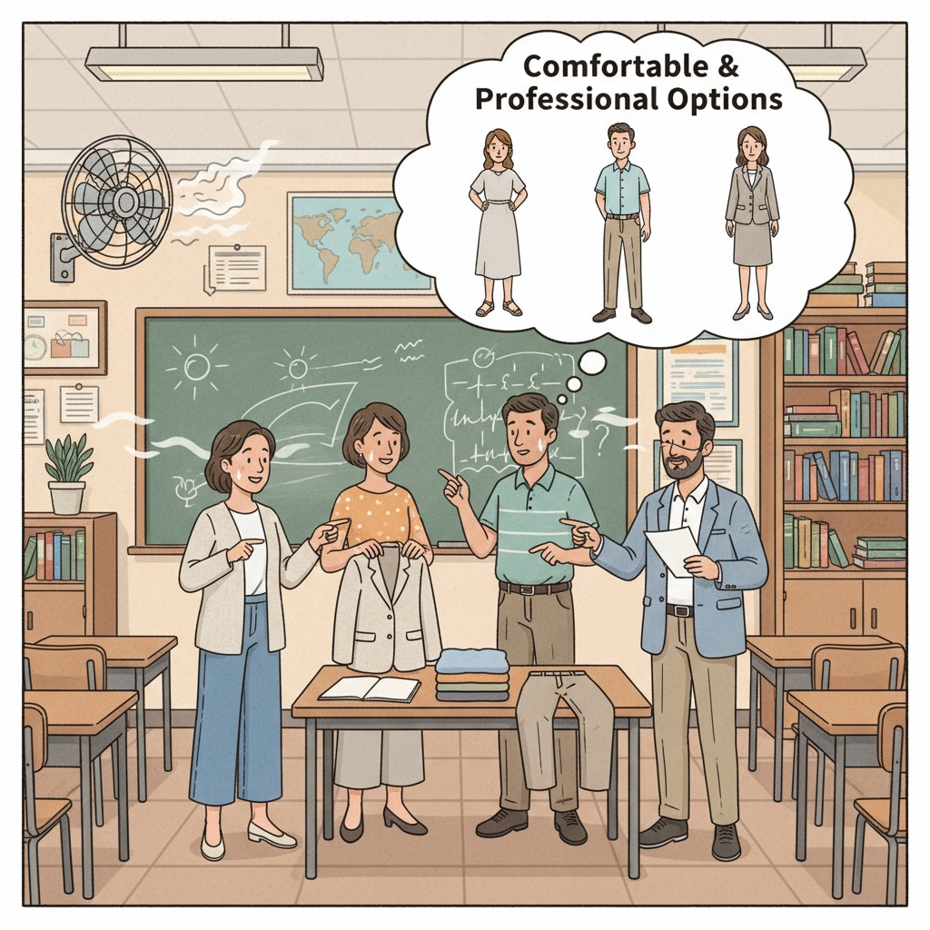 Teachers discussing clothing options in a hot, air - conditioner - free classroom