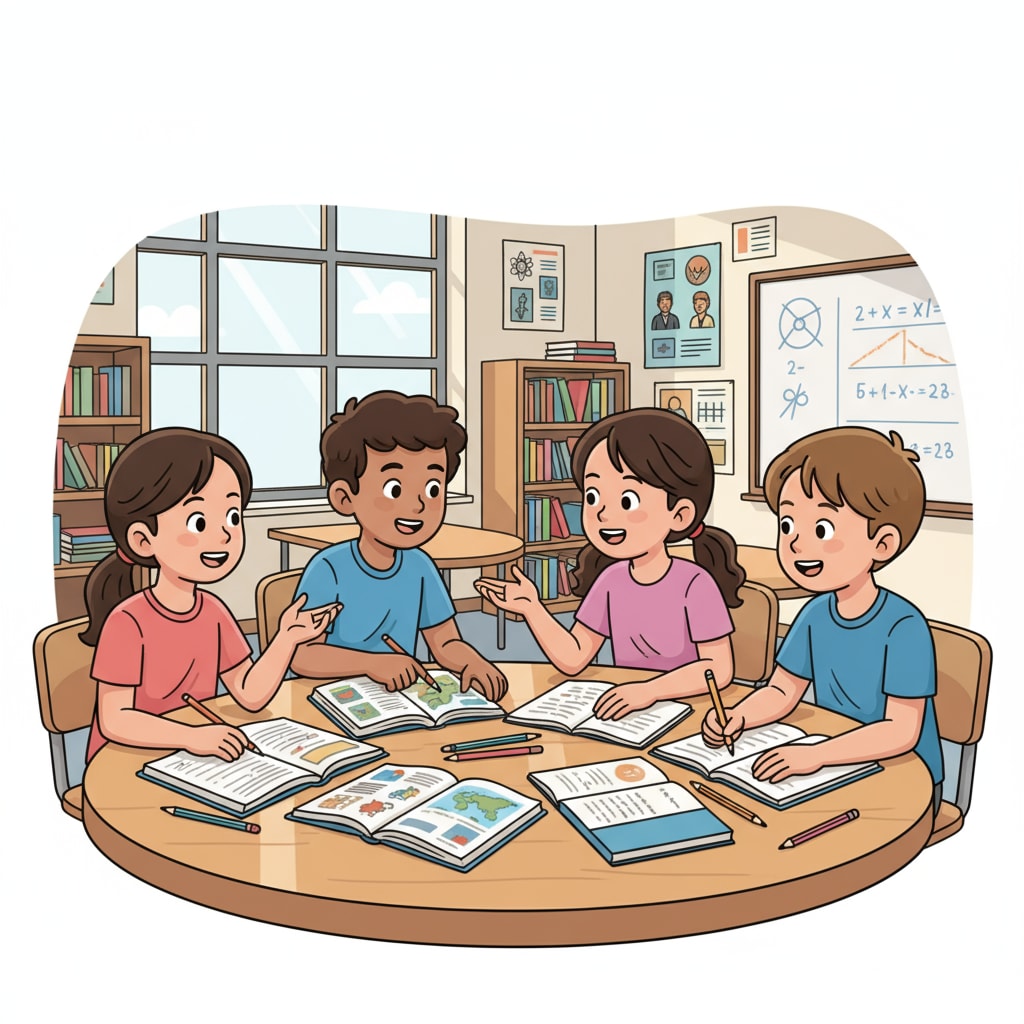 A group of K12 students are sitting around a table in a classroom, discussing and studying together. They have books and notebooks open, engaged in an active learning environment. K12 students studying together to improve learning efficiency and achieve high grades