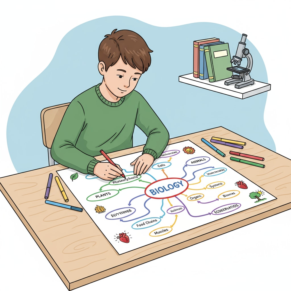 A student is sitting at a desk, using colored pens to create a mind map on a large sheet of paper. The mind map has different branches with key concepts related to a subject. Student creating a mind map to enhance learning efficiency and reach high grades