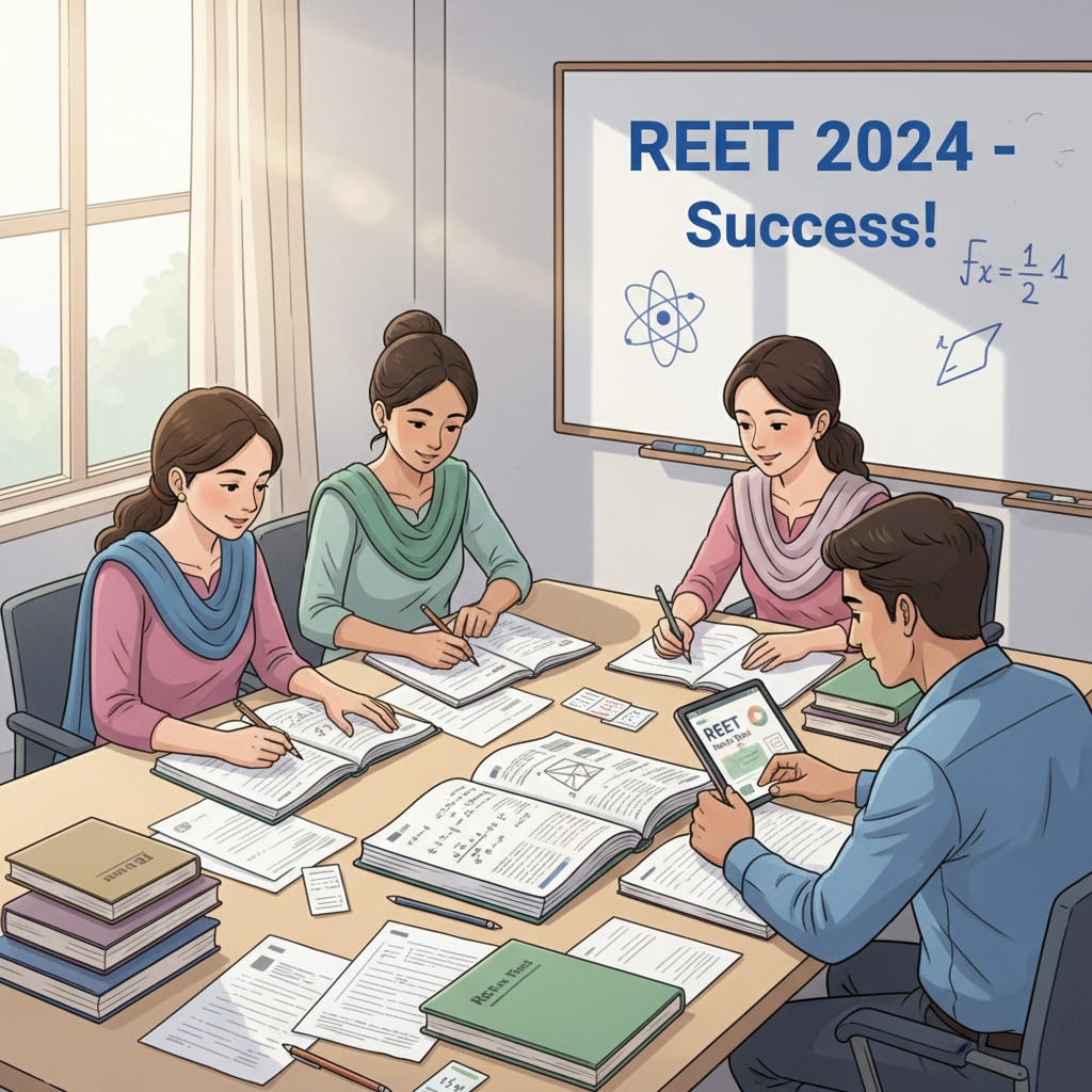 Students are seen poring over science and math study materials specifically for the REET exam, with books and papers spread out on a table. Third-grade students studying science and math materials for REET exam