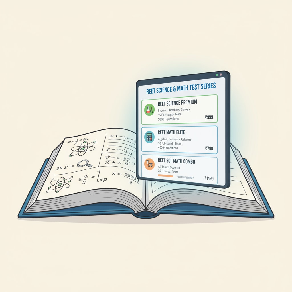 A computer screen displays an online platform with various REET science and math test series options, including details about the content and price. Online platform showing REET science and math test series