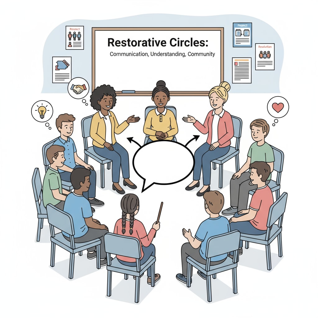 A group of students and teachers are engaged in a positive discussion, which is a representation of restorative practices within a school environment. This shows students learning from each other and teachers guiding them in a harmonious setting. Students and teachers involved in restorative practices in a school