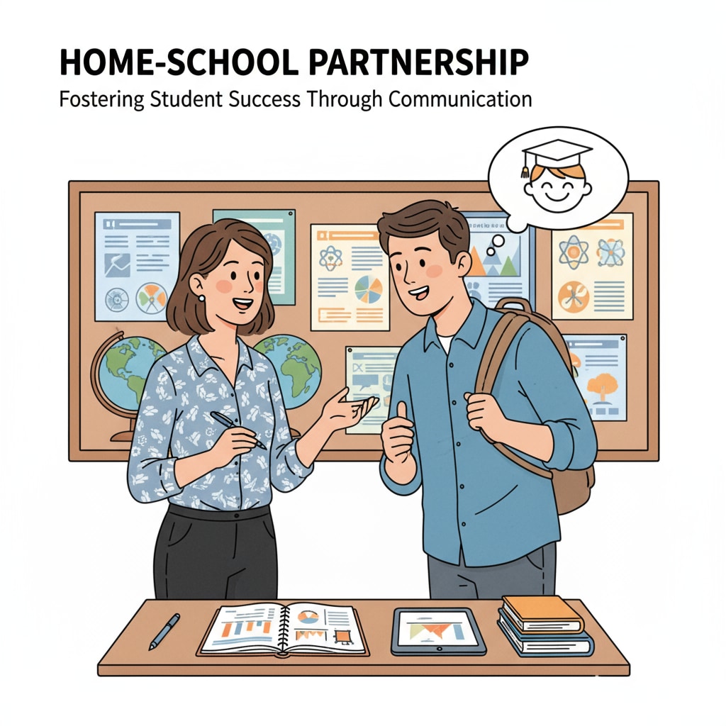 A teacher and a parent are having a friendly conversation. The teacher is sharing information about a student's progress, and the parent is listening attentively, demonstrating good communication between school and home. Teacher and parent discussing a student's progress, related to school management and parental involvement