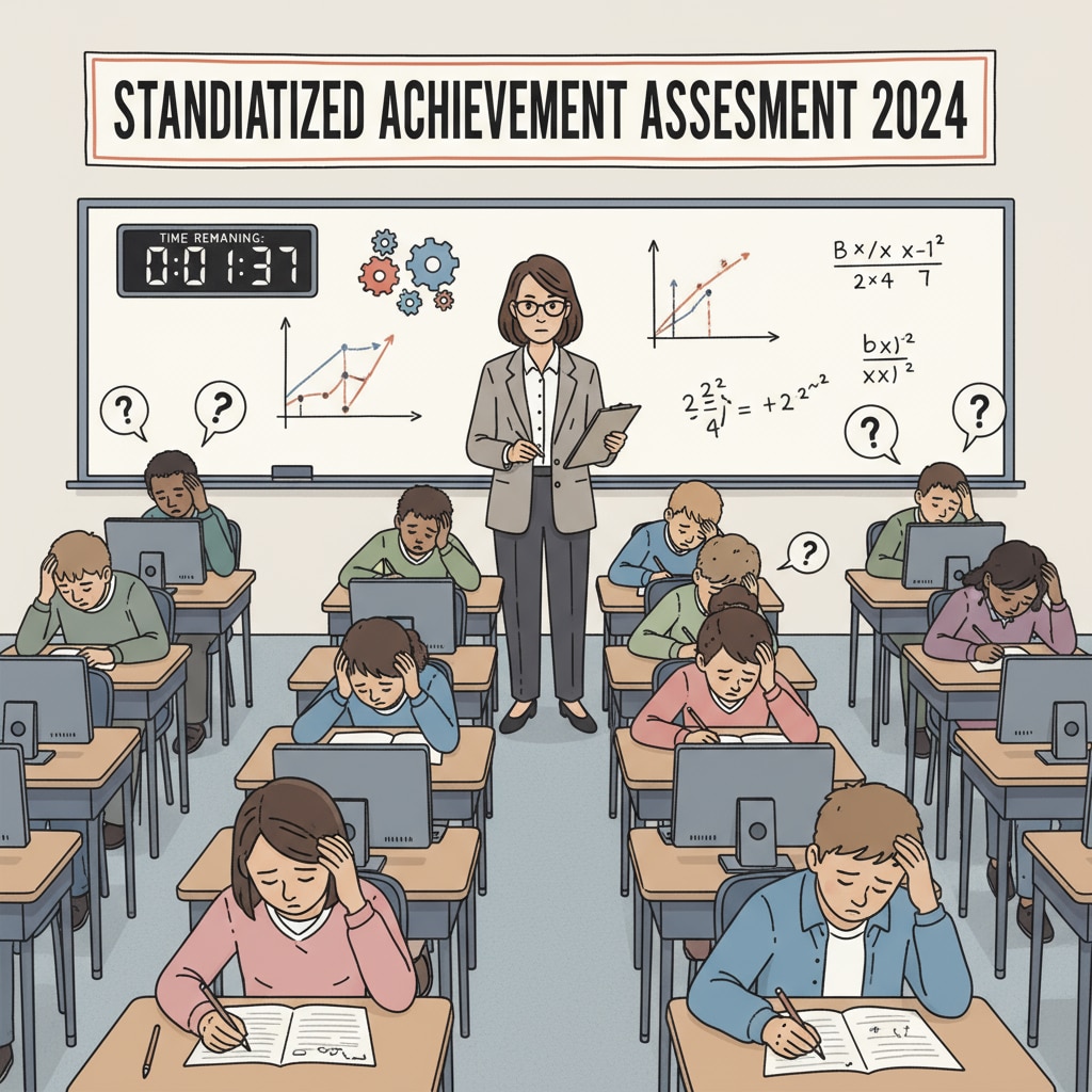 A classroom scene related to K12 education's standardized testing, reflecting the concepts of lifelong learning, formal education, and cultural awareness.