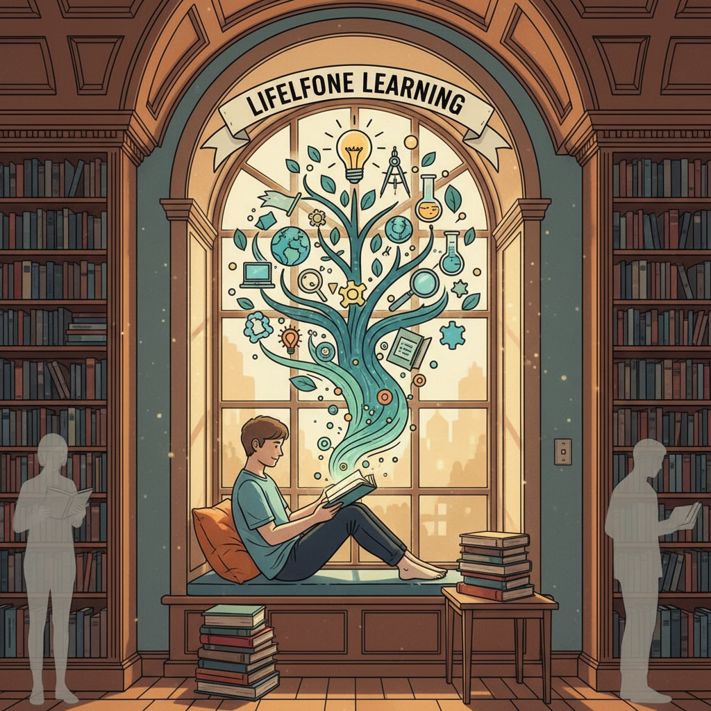 A person reading in a library, representing lifelong learning within the context of formal education and cultural awareness.
