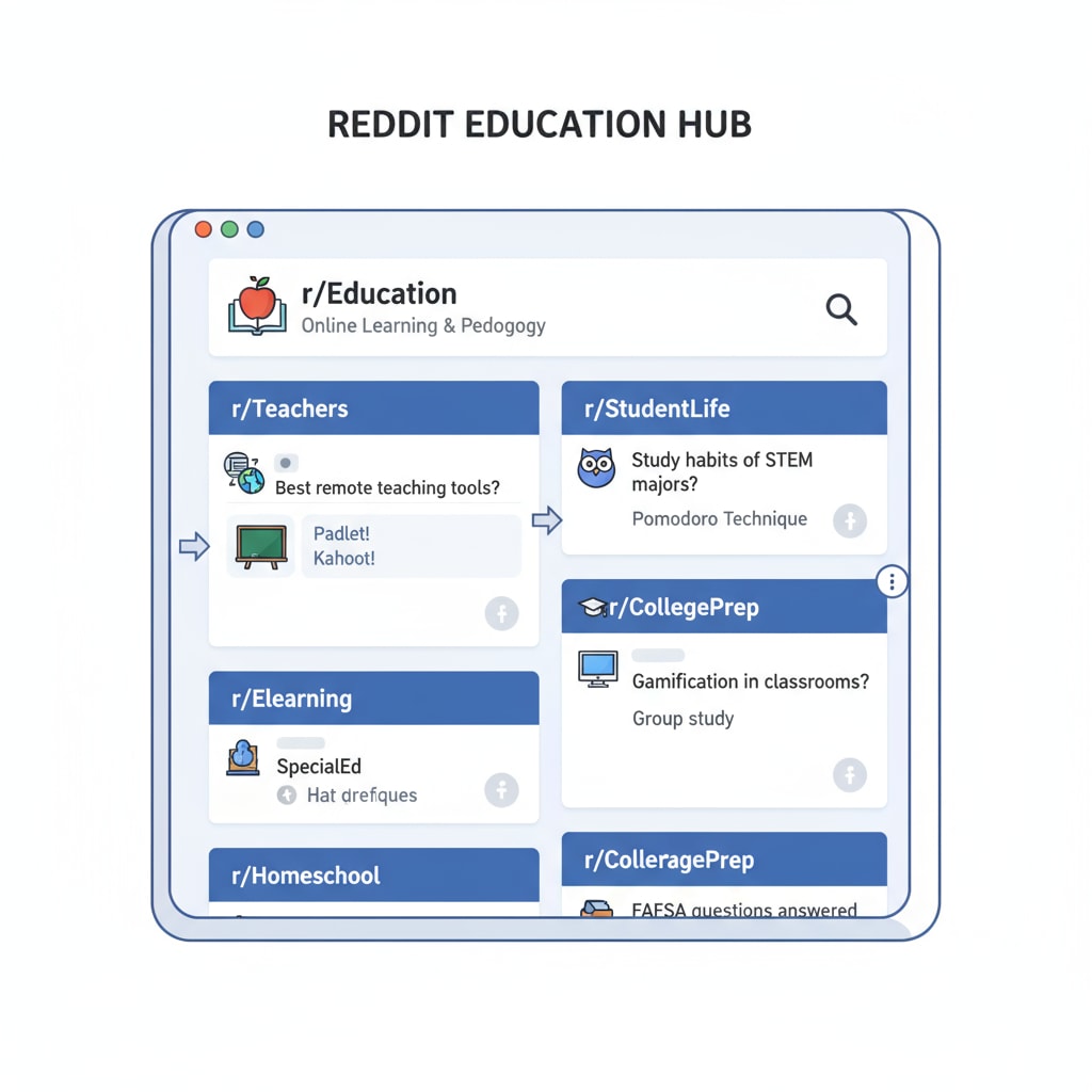 A screenshot displaying various Reddit education-related subreddits, showing different topics and discussions. Screenshot of Reddit education subreddits related to community rules, educational resources, and Reddit's educational network