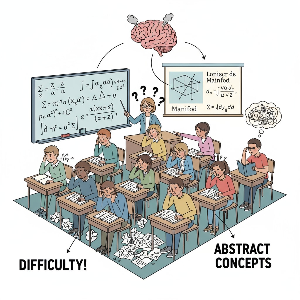 A classroom scene where students are struggling with advanced math problems shows the challenges students face in learning complex math concepts in a traditional educational setting. Students struggling with advanced math in a classroom related to mathematics education practicality