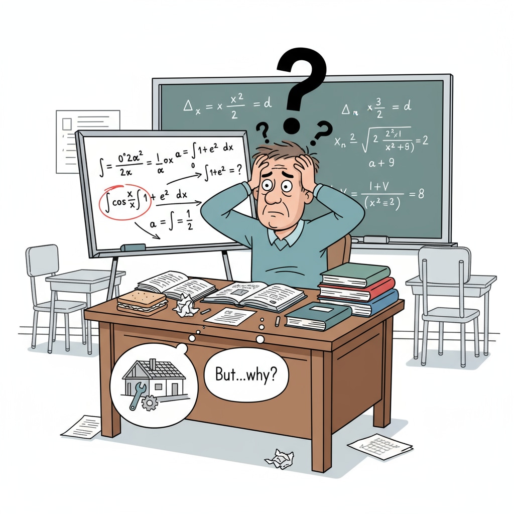 A person looking confused while trying to solve a calculus problem represents the common perception of the difficulty and lack of practicality of advanced math for many people. A person confused by advanced math problem highlighting practicality issues